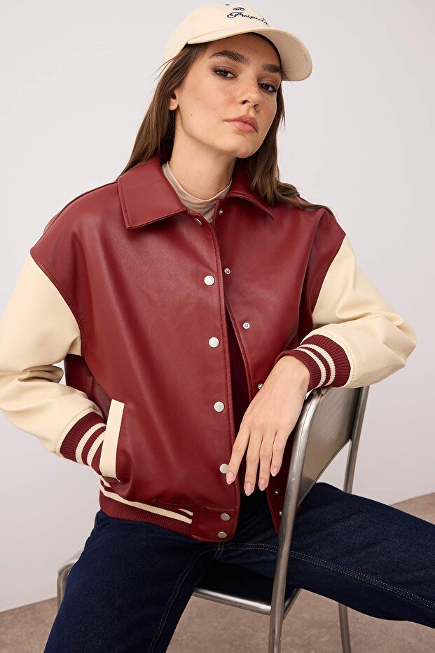 Bordo-Krem Oversize Kalıp Suni Deri Kolej Bomber Ceket Mont TWOAW26MO00006 - 1
