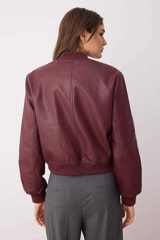 Bordo Regular Kalıp Suni Deri Bomber İnce Ceket Mont TWOAW26MO00084 - 4