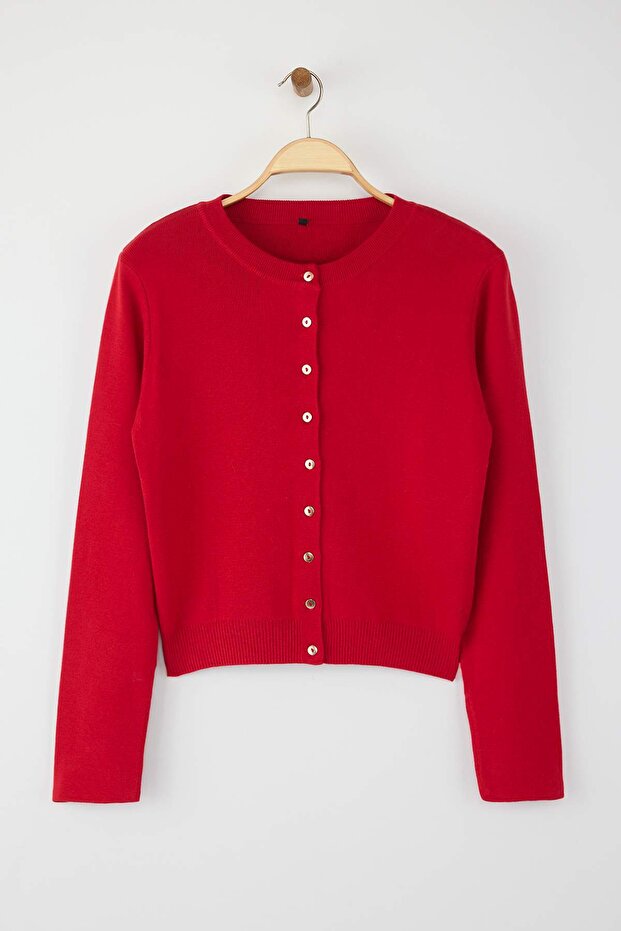 Wardrobe Essentials Kırmızı Düğme Detaylı Pamuklu Basic Triko Hırka | TWOAW26HI00001 - 5
