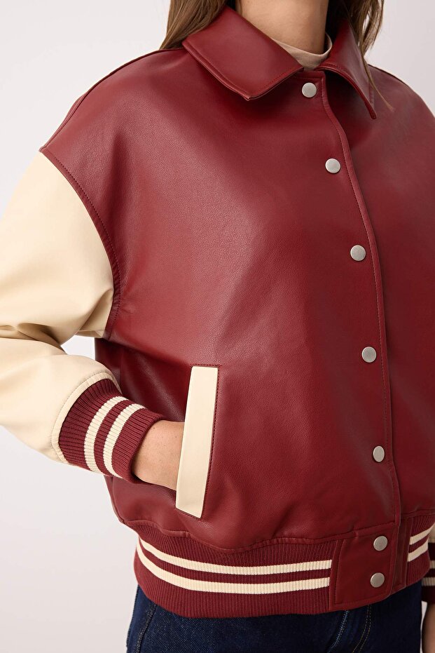 Bordo-Krem Oversize Kalıp Suni Deri Kolej Bomber Ceket Mont TWOAW26MO00006 - 4