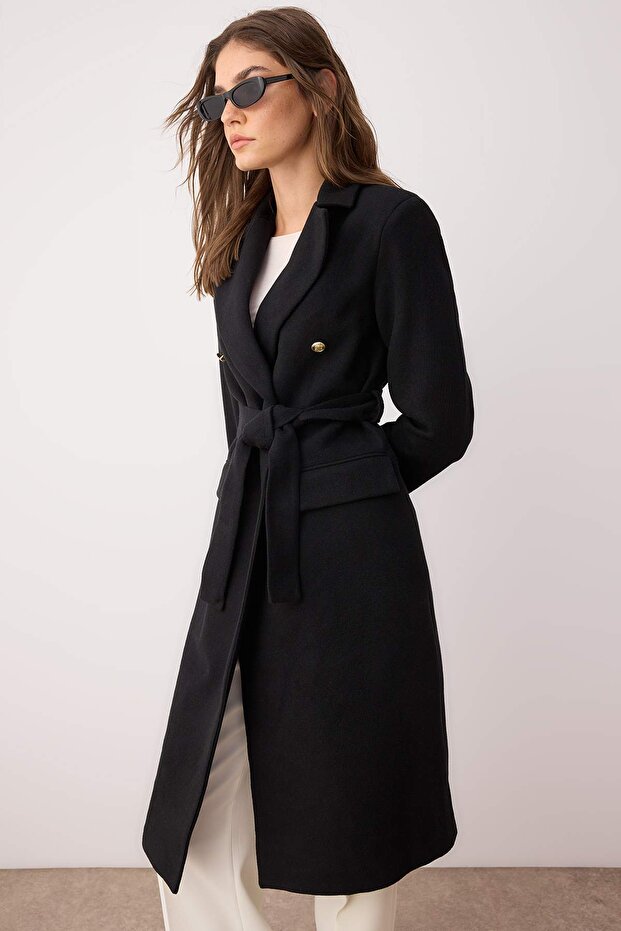 Fekete arany gomb részletes duplasoros testhezálló Midi kabát TWOAW26KB00017 - 5