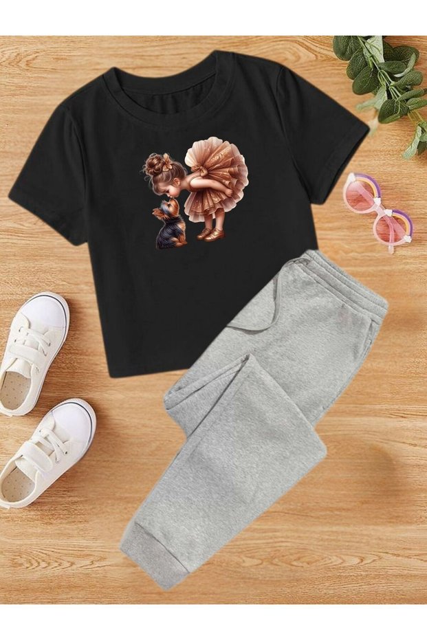 Cute Girls and Dog Printed T-Shirt & Elastic Bottom Girls' Bottom-Top Suit