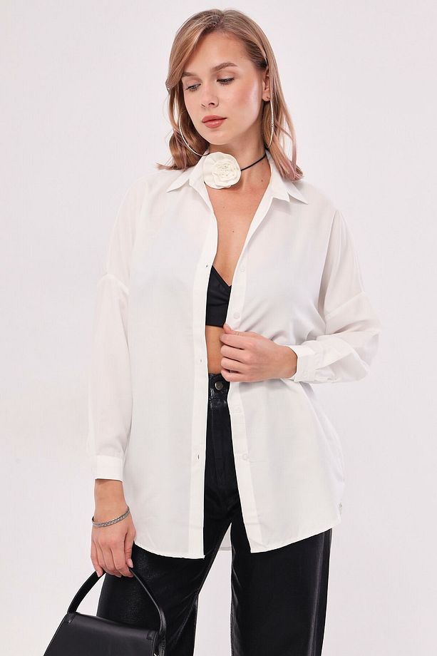 Kadın Ekru Oversize Uzun Basic Gömlek Arm-22Y001118 - 5