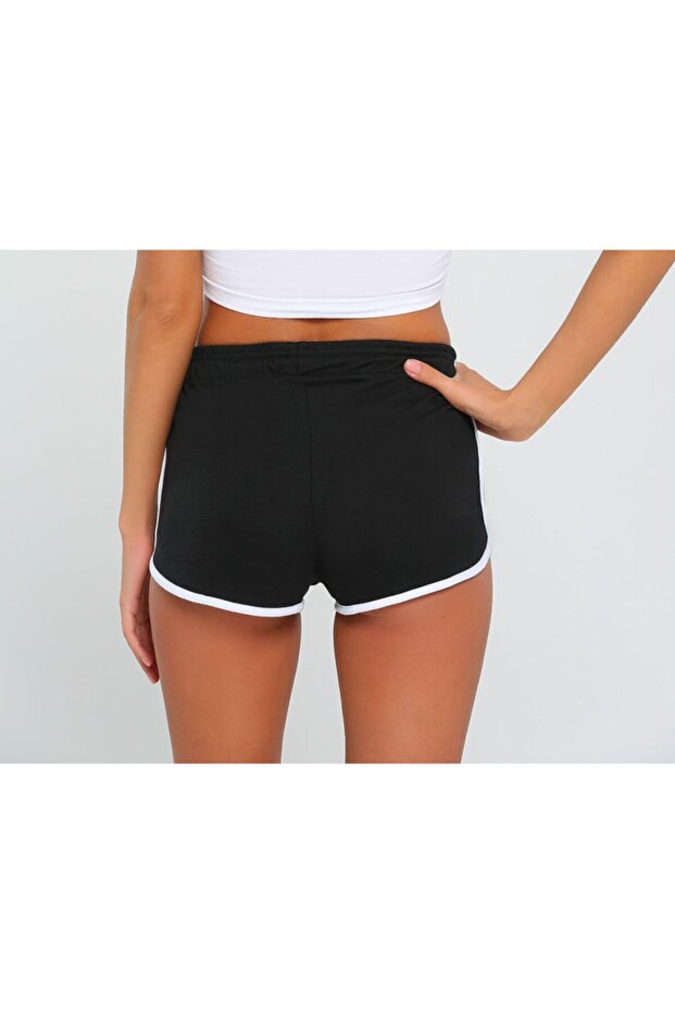 Kadın Siyah Şeritli Penye Şort - 3