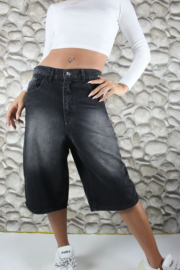 Siyah Yıkamalı Unisex Baggy Oversize Kalıp Kot Şort - 1