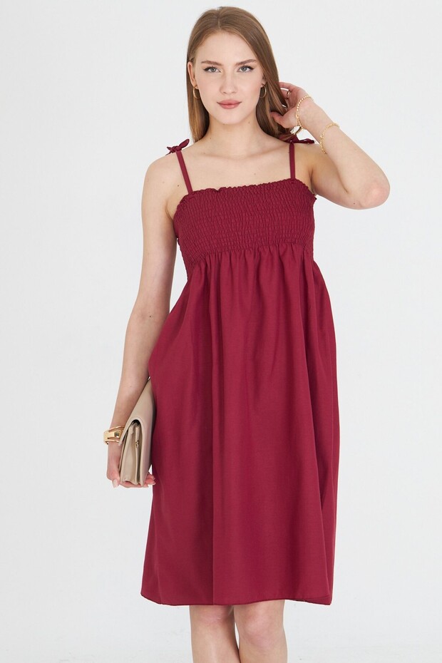 Women's Burgundy Straps Lace up Chest Gipe Elastic Mini Dress Arm-25Y 001047
