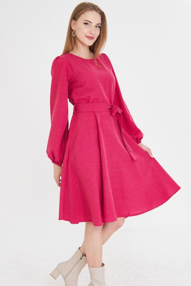 Women's Fuchsia Crew Neck Back Zipper Belted Long Sleeve Flared Midi Dress Arm-25Y 001008
