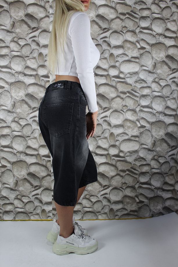 Siyah Yıkamalı Unisex Baggy Oversize Kalıp Kot Şort - 6