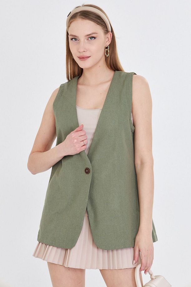 Kadın Haki V Yaka Tek Düğme Oversize Yelek ARM-25Y001036 - 1