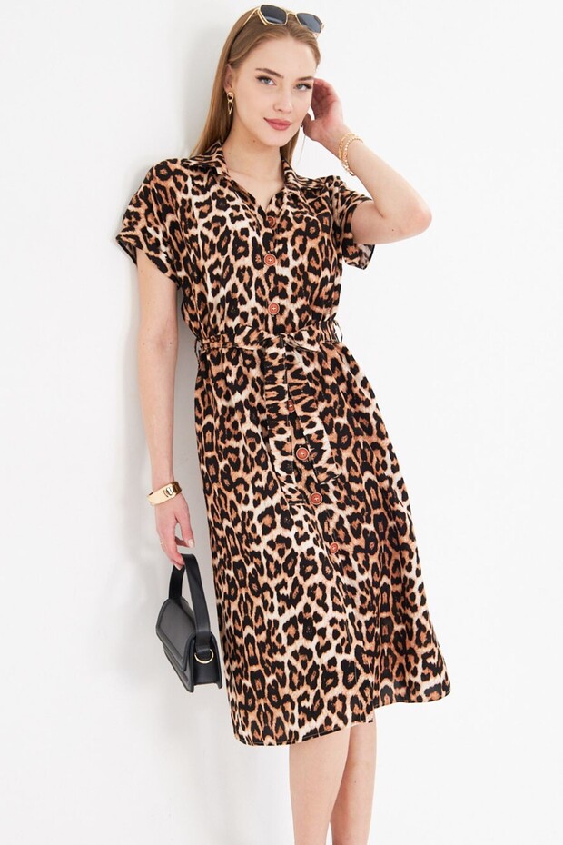 Women's Coffee Patterned Short Sleeve Shirt Dress with Belted Waist Arm-22Y 001007