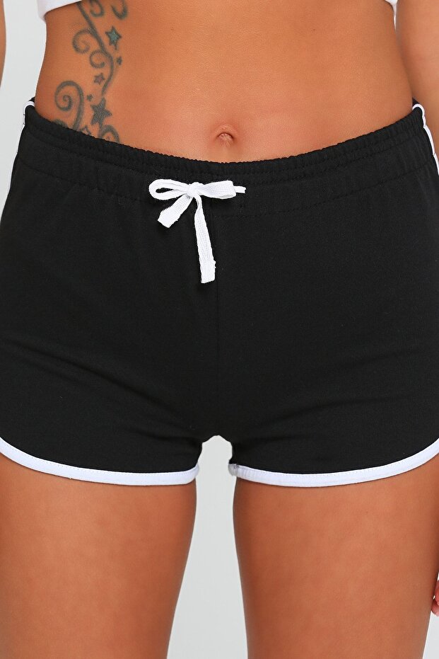 Kadın Siyah Şeritli Penye Şort - 4