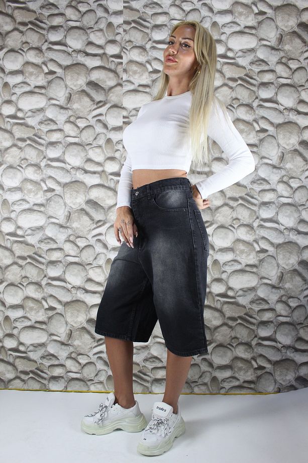 Siyah Yıkamalı Unisex Baggy Oversize Kalıp Kot Şort - 2
