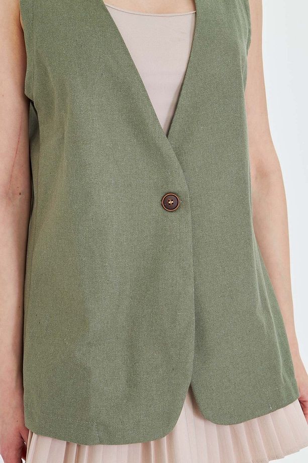 Kadın Haki V Yaka Tek Düğme Oversize Yelek ARM-25Y001036 - 3
