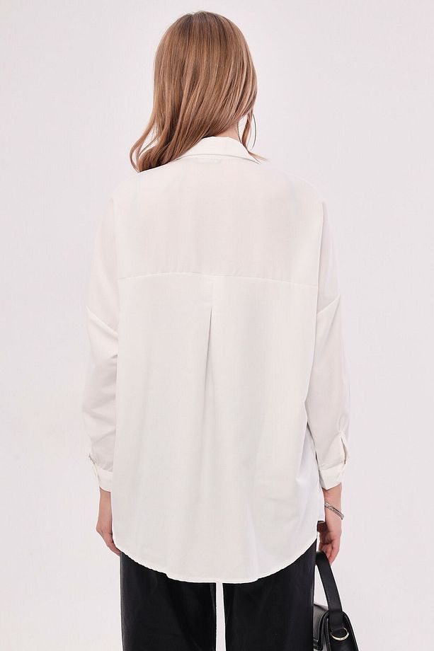 Kadın Ekru Oversize Uzun Basic Gömlek Arm-22Y001118 - 6