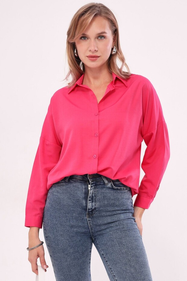 Women's Fuchsia Oversize Long Basic Shirt Arm-22y001118