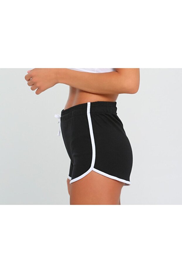 Kadın Siyah Şeritli Penye Şort - 5