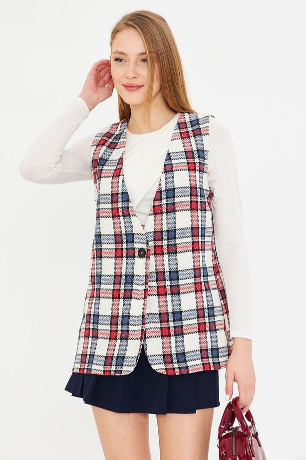 Kadın Kırmızı V Yaka Tek Düğmeli Oversize Ekoseli Yelek ARM-25K001111 - 4