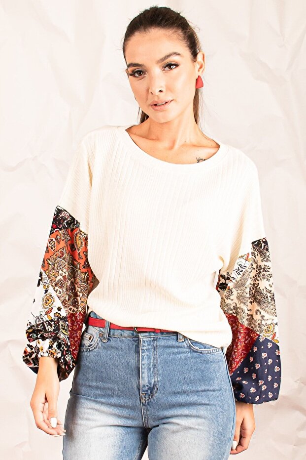 Women's Ecru Sleeve Patterned Balloon Knitwear Blouse ARM-20K081001 - 3