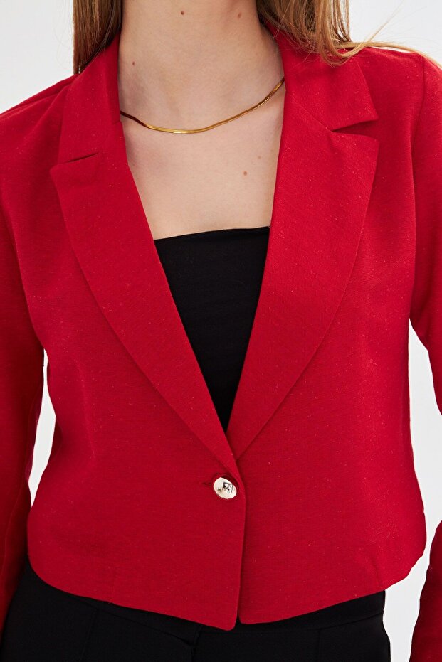 Kadın Kırmızı Tek Düğmeli Crop Ceket ARM-23Y001064 - 5