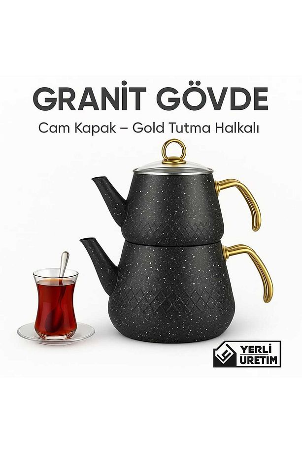 Granit Kaplama Gold Kulplu Cam Kapak Çaydanlık Siyah - 7