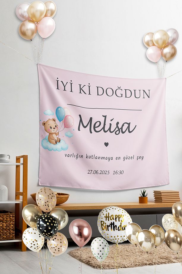 Kişiye Özel Happy Birthday Duvar Örtüsü – 1. Kalite Kumaş Doğum Günü Flaması - 3