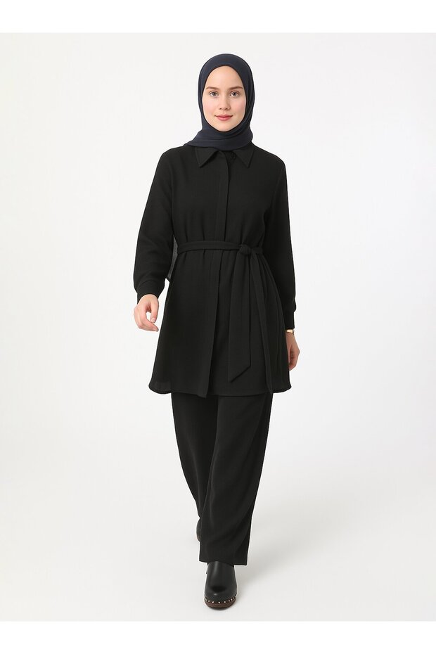 Soft Buttoned Tunic Pants Double Set - Black - - 1