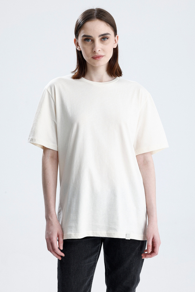 Ekru Loose Fit Unisex T-Shirt %100 Pamuk Bisiklet Yaka Düz Renk - 1