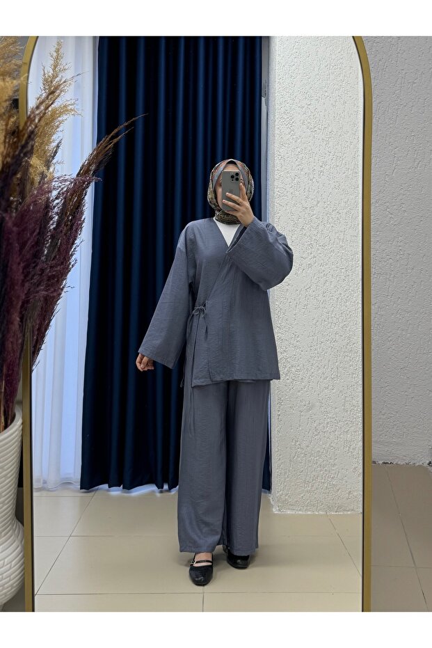 Vinmora Strawberry Suit with Side Tie Kimono-Ek544 Gray