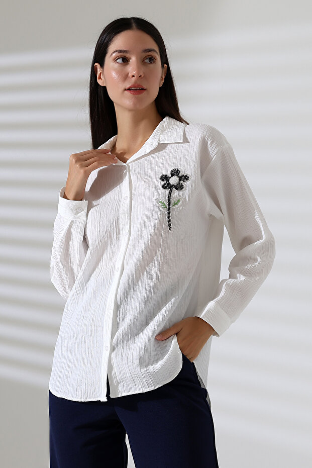 Kadın Tesettür Beyaz Oversize Basic Gömlek - 1