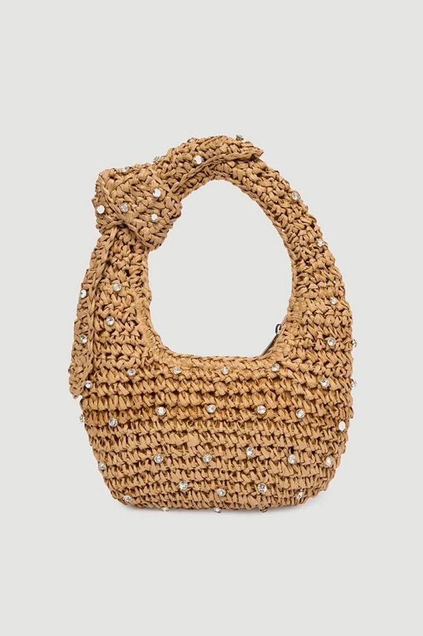 Taş Detaylı El Örgüsü Camel Hasır Çanta 18x24 Cm - 3