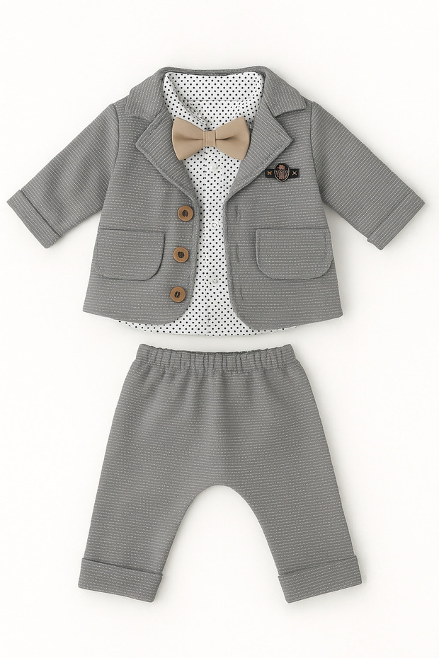 BEBEK GİYİM JAKAR KUMAŞ PAPYONLU ERKEK BEBEK 4 LÜ TAKIM - 1