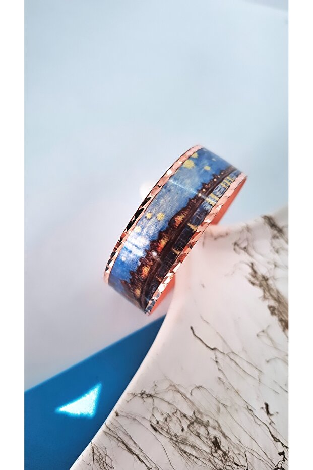 Blue Flower Patterned Copper Bracelet - 3