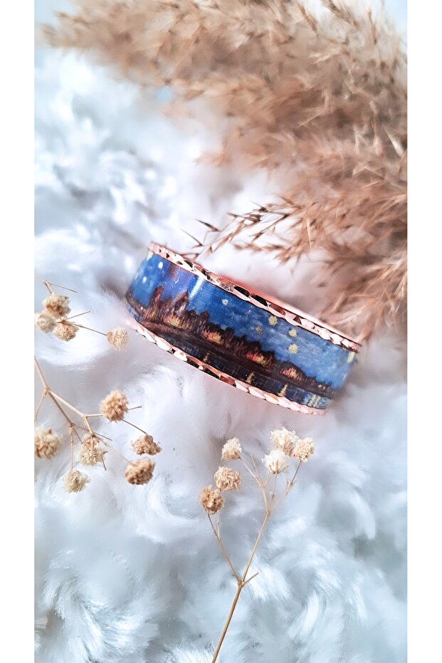 Blue Flower Patterned Copper Bracelet - 4