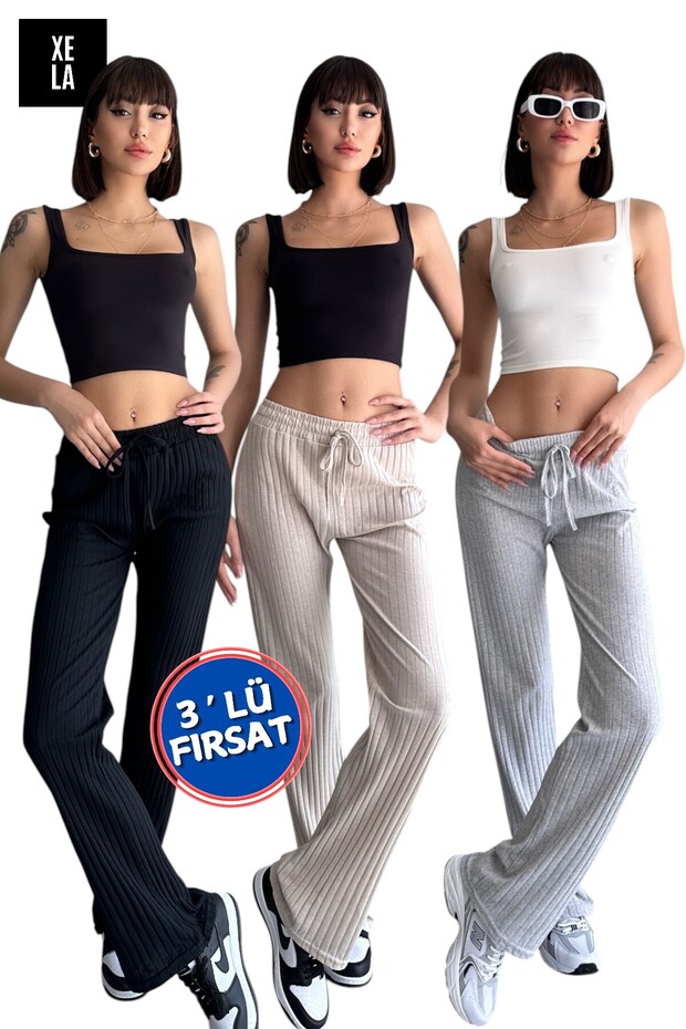 Pack of 3 Palazzo Salaş Drained Rubbed Pants