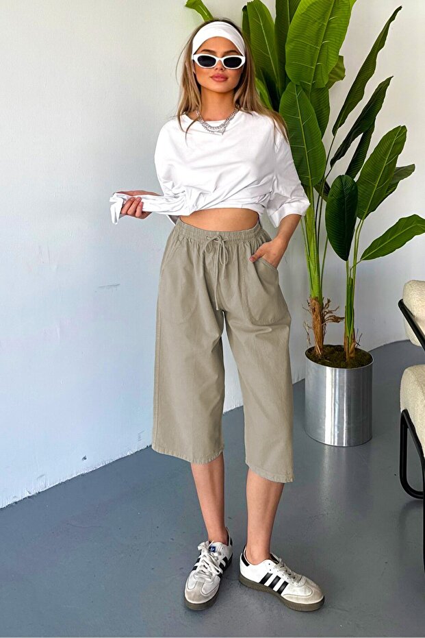Women's High Waist Linen Look 100% Cotton Capri W204