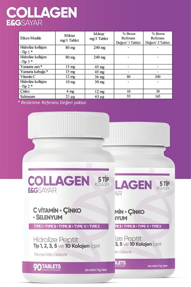 Sayar 5 Tip Kolajen Tip 1, Tip 2, Tip 3, Tip 5, Tip 10 ( 180tablet) 2 Kutu - 5