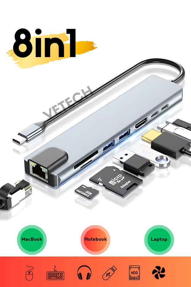 Macbook Pro Air Uyumlu Usb Type-c 8 Hub Dönüştürücü Çevirici Çoklayıcı Usb Hdmı Micro Sd 8in1 - 1