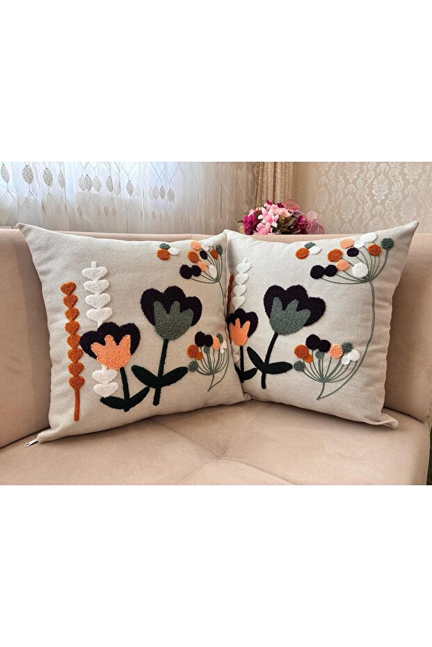Punch Embroidered 2Pcs Throw Pillow Cover 43X43Cm Decorative Linen Throw Pillow Cover