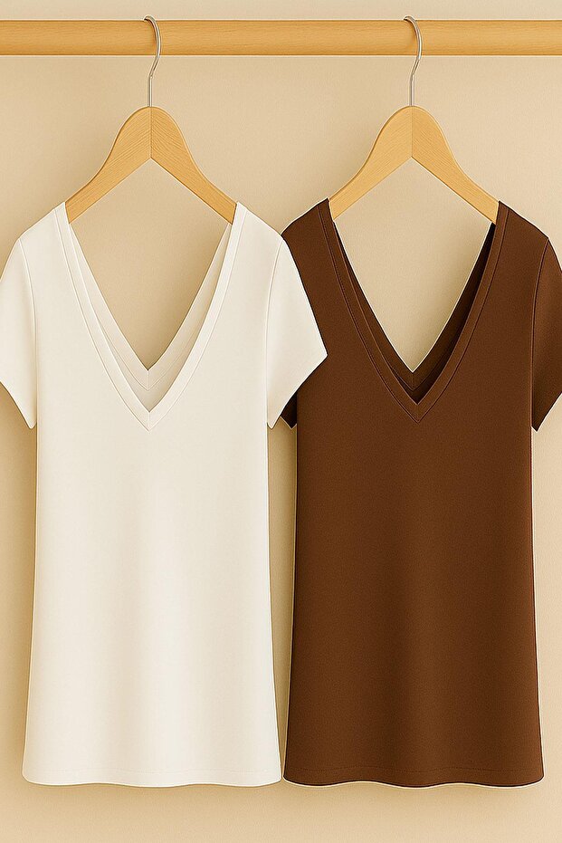 2 Adet Ön ve Arka V Yaka Basic Pamuklu Tişört - 1