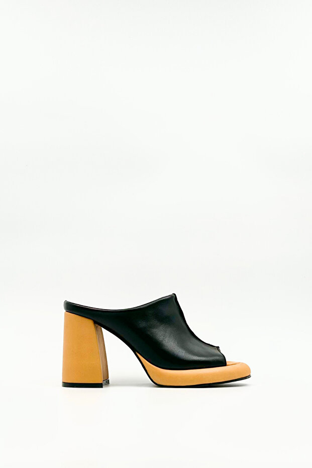 Black Yellow Leather Platform Heeled Slippers – 9 cm Thick Heels