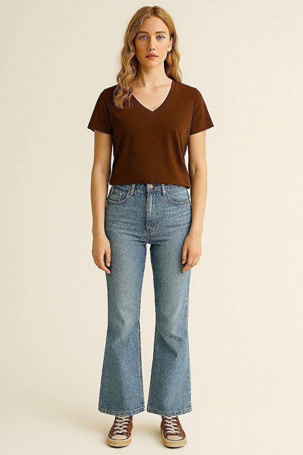 Ön ve Arka V Yaka Basic Pamuklu Tişört - 8