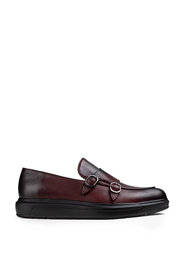 Genuine Leather Claret Red Double Buckle Men's Comfort Loafer