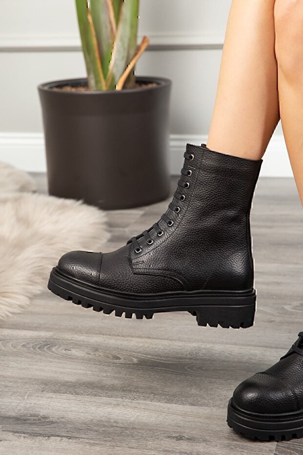 Hakiki Deri Siyah Kadın Postal Bot - 3