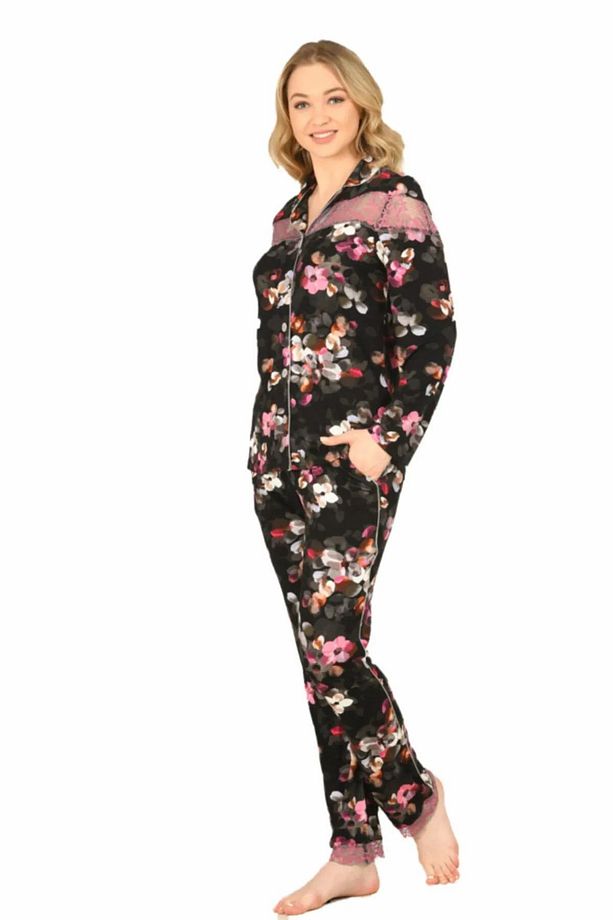 Kadın Viskon Önü Düğmeli Desenli Kışlık Pijama Takımı 3903 - 1 Adet - 3