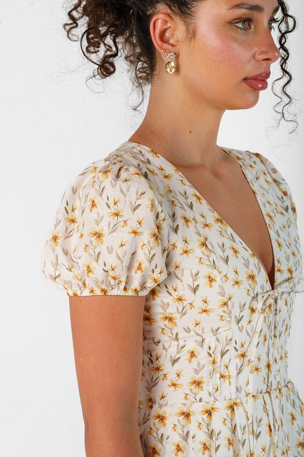 Elara – Sarı Poplin Balon Kollu Mini Elbise - 5