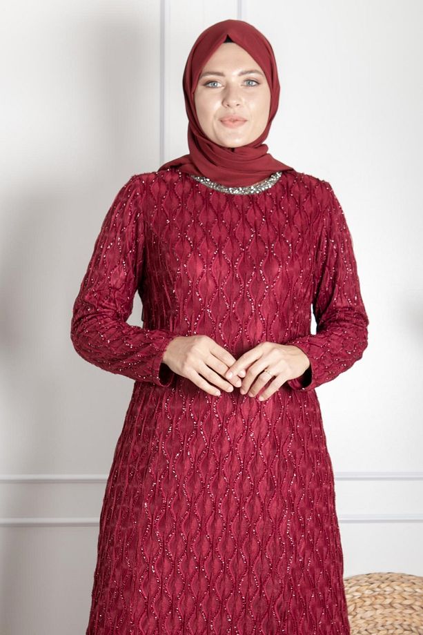 Taş Işleme Detaylı Simli Abiye Bordo Mda2232 - 4