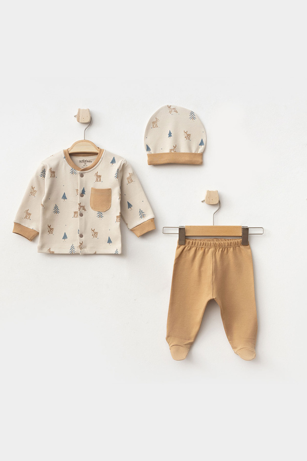 Baby Boy Deer Patterned Cardigan Pants Beanie 3-Piece Bottom Top Baby Set 0 Months - 6 Months