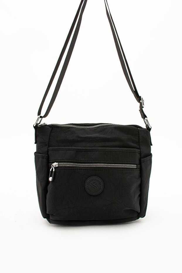Women's Multi-Compartment Water Resistant Parachute Fabric Black Color Adjustable Cross Strap Shoulder Bag S