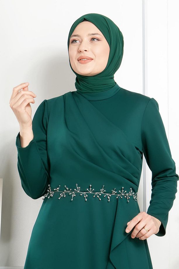 Fırfırlı Taş Işleme Detaylı Elbise Zümrüt Fhm874 - 5