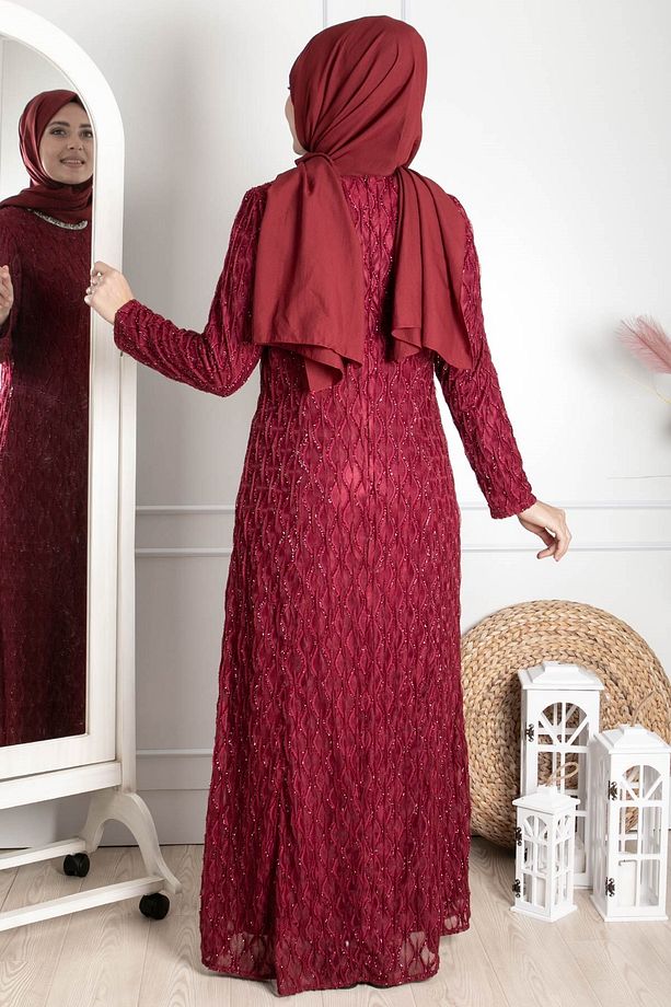 Taş Işleme Detaylı Simli Abiye Bordo Mda2232 - 5